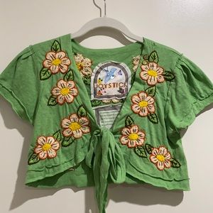 Flower embroidered crop top with front tie